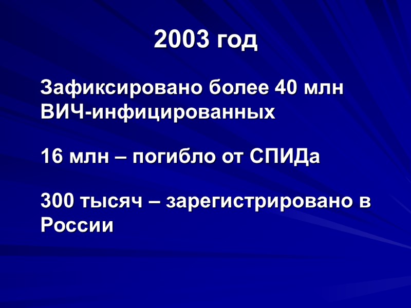 2003 год  Зафиксировано более 40 млн ВИЧ-инфицированных   16 млн – погибло